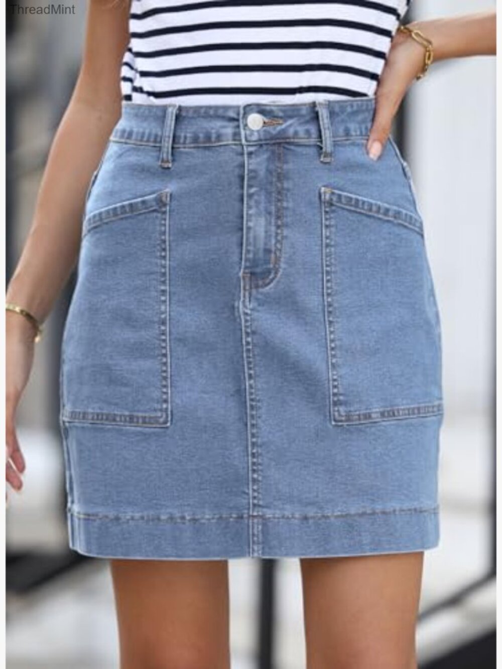 High Waisted Stretch Denim Skirt with Pockets - Picture 4 of 6